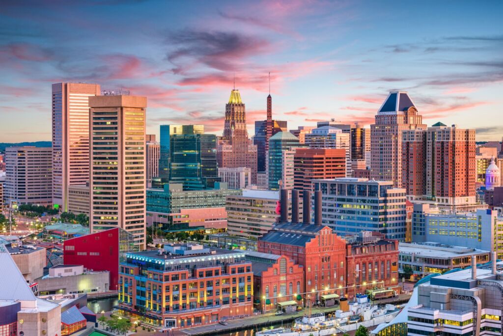 City of Baltimore skyline at sunset - Getting Sober in Baltimore